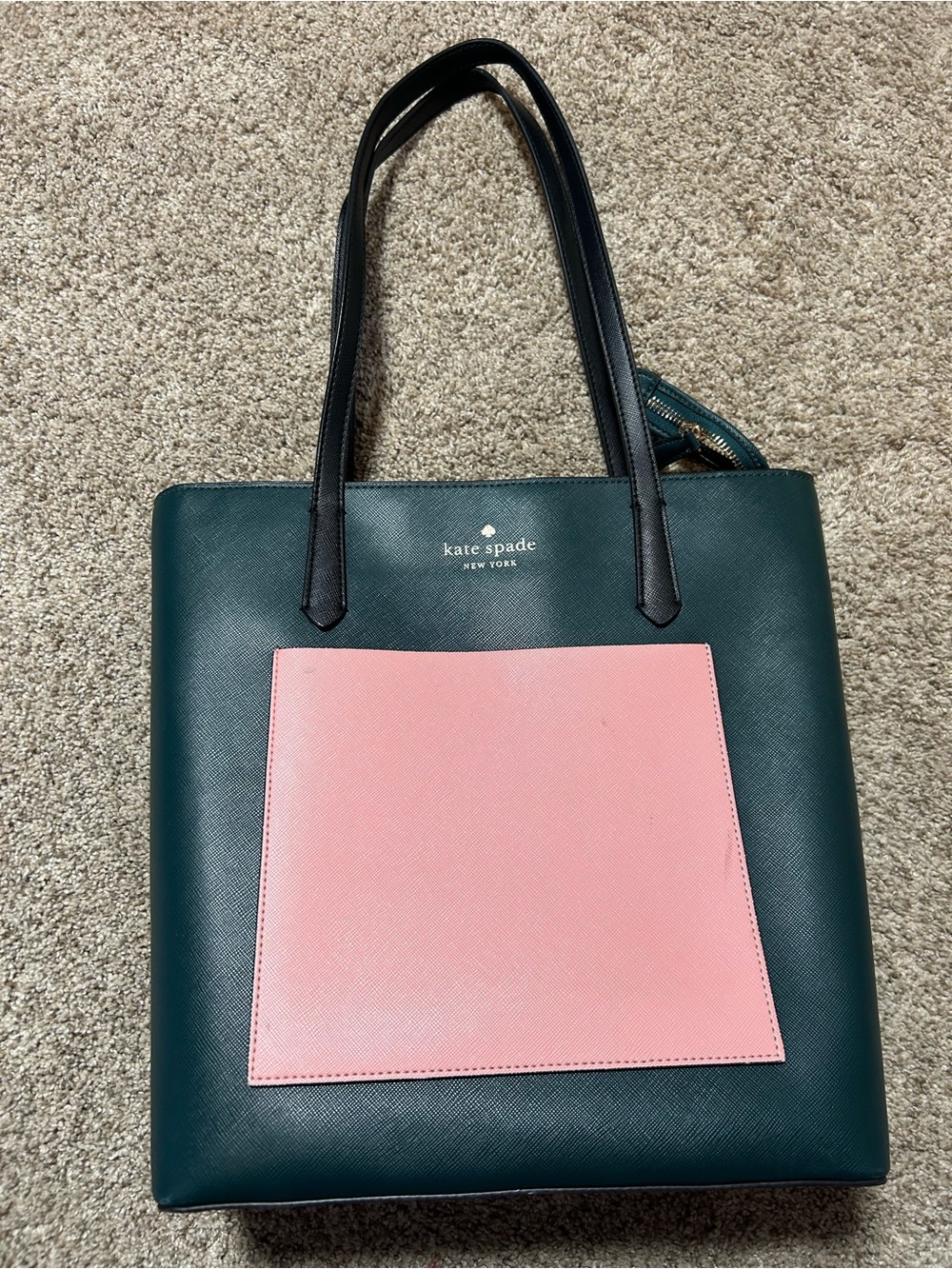 kate spade Dark Green Tote with Pink Front Pocket